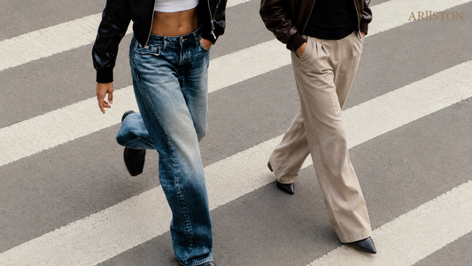 Pants vs jeans comparison with denim and beige trousers