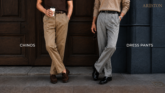 Comparison of khaki chinos and grey dress pants on male models