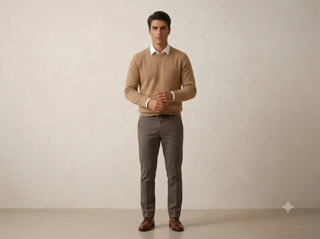 Man in camel crewneck sweater and grey trousers, types of denim washes