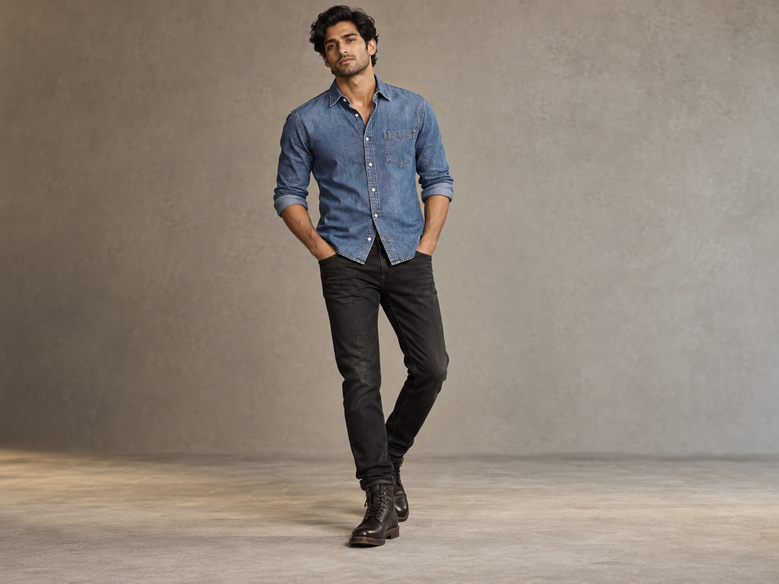 Indian male model wearing a blue denim shirt with black jeans