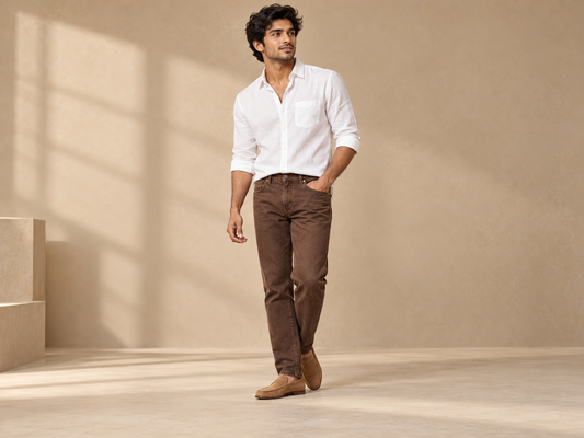 Indian male model wearing brown straight-fit jeans and a white shirt