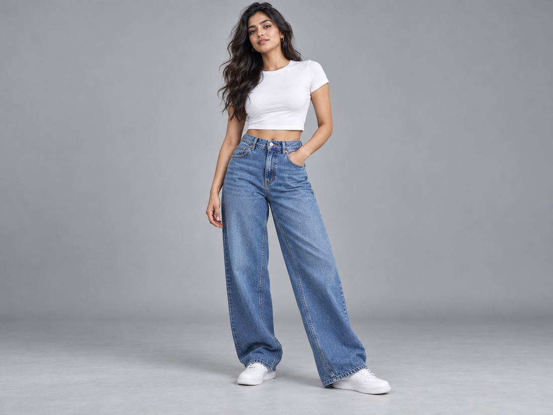 Indian woman wearing a white crop tee with high-waisted blue jeans