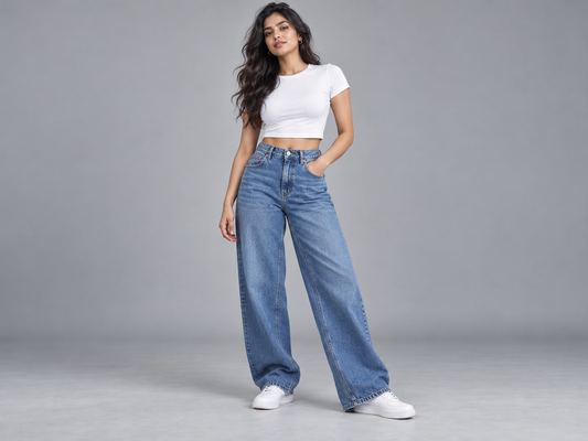 Indian woman wearing a white crop tee with high-waisted blue jeans