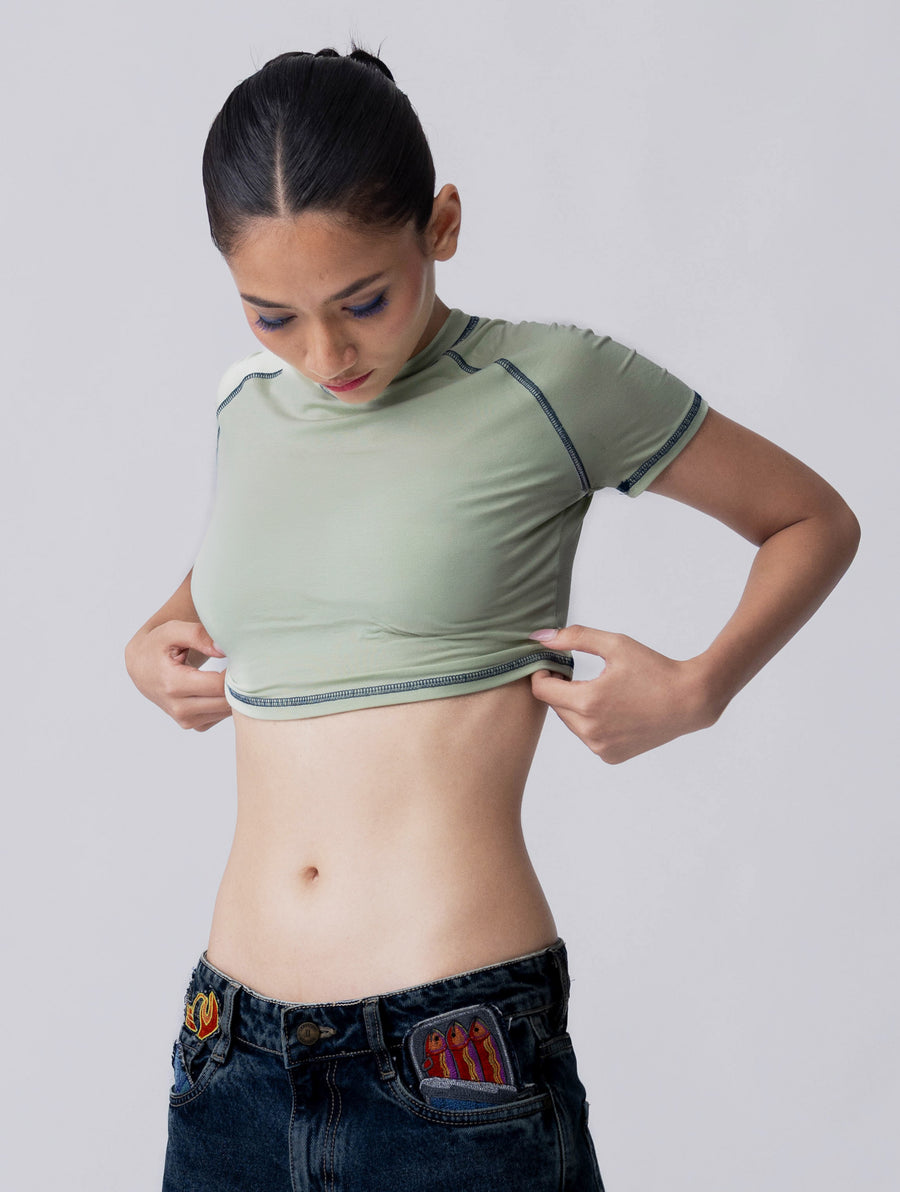 Bamboo Weave Crop Tee – Celadon Green