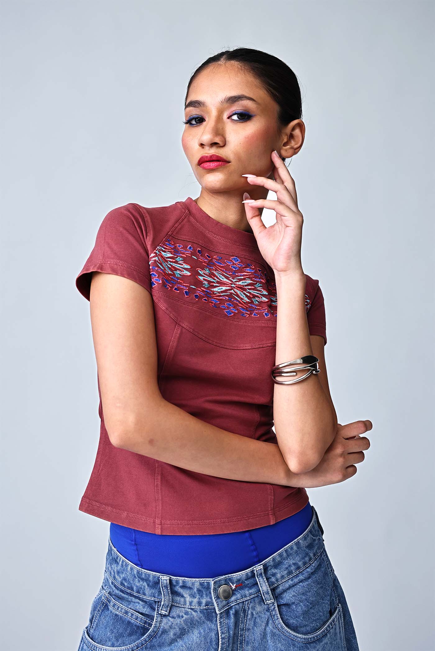 The Ikat Yoke Crop - Dark Coral