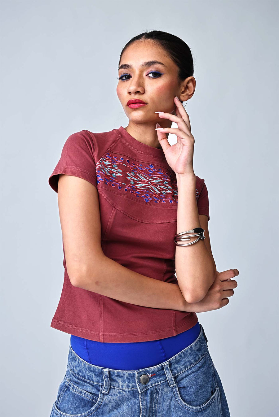 The Ikat Yoke Crop - Dark Coral