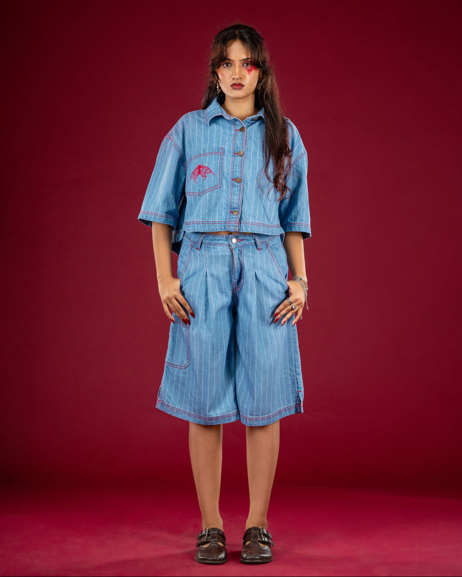 Blue Butterfly Crop Shirt — Women