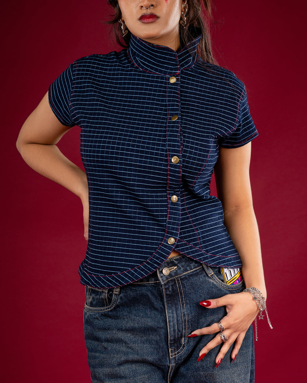 Asymmetrical Mandarin Knit Women Top – Blue