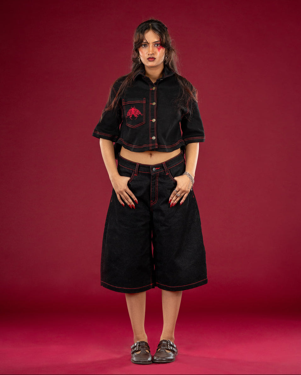 Black Butterfly Crop Shirt — Women