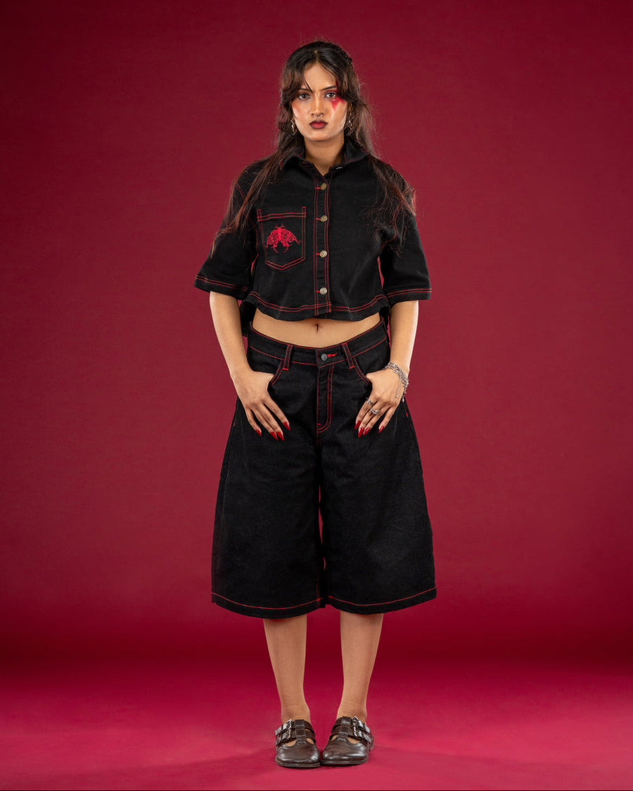 Black Butterfly Crop Shirt — Women