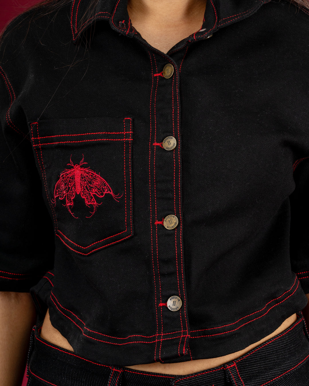 Black Butterfly Crop Shirt — Women
