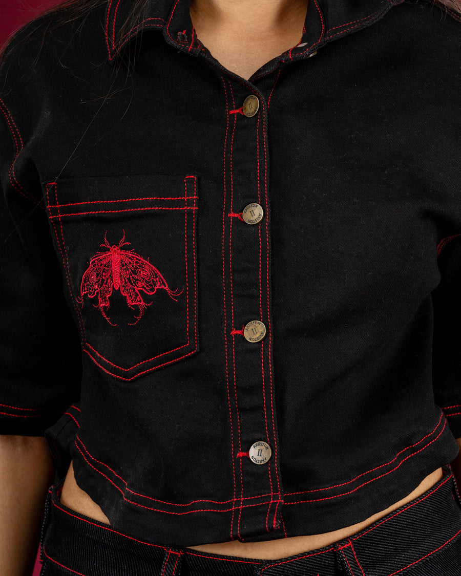 Black Butterfly Crop Shirt — Women