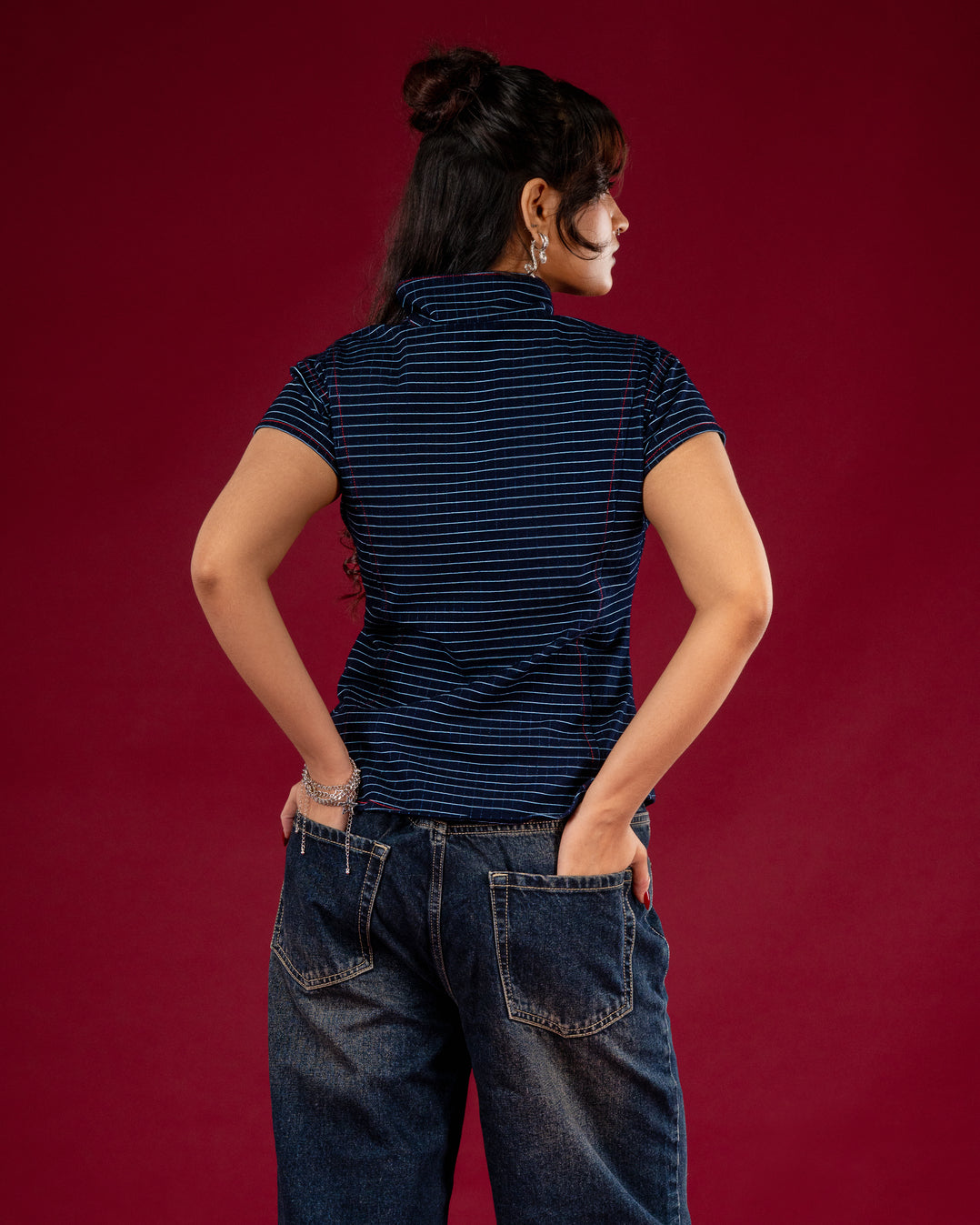 Asymmetrical Mandarin Knit Women Top – Blue