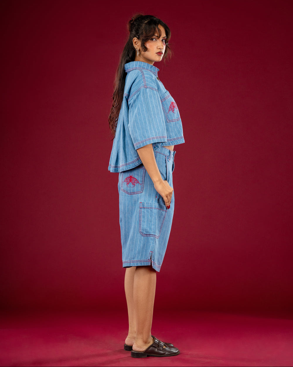 Blue Butterfly Crop Shirt — Women