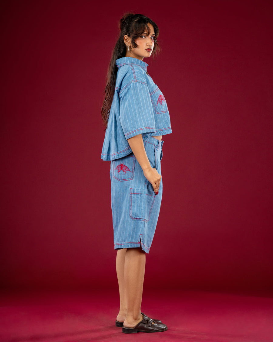 Blue Butterfly Crop Shirt — Women
