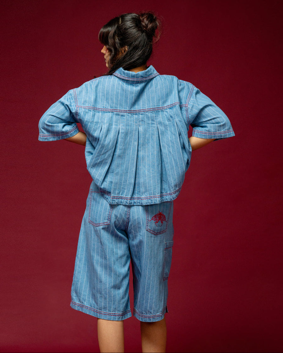 Blue Butterfly Crop Shirt — Women