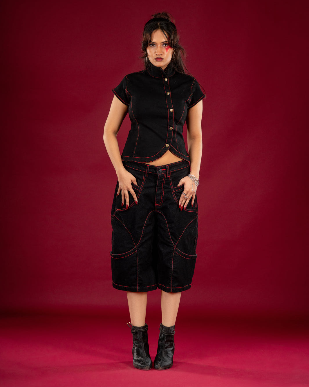 Asymmetrical Mandarin Knit Women Top – Black