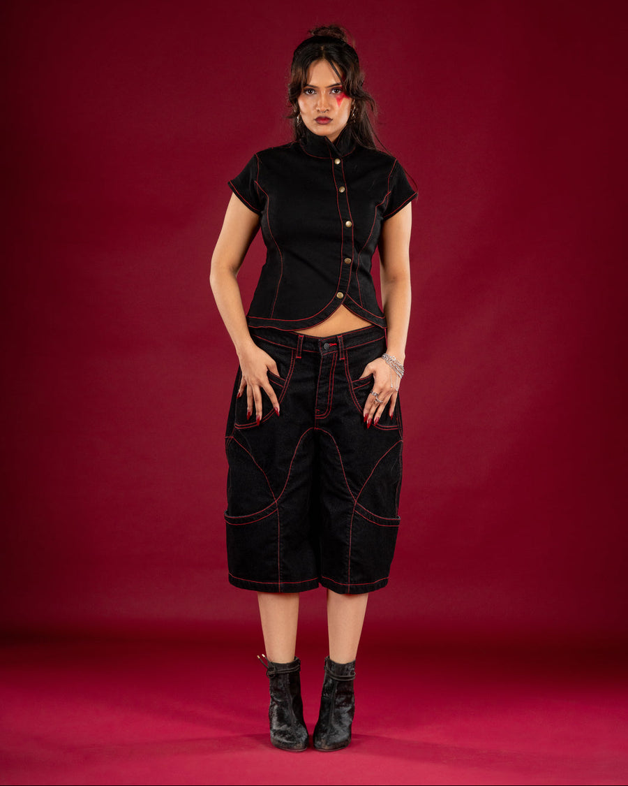 Asymmetrical Mandarin Knit Women Top – Black
