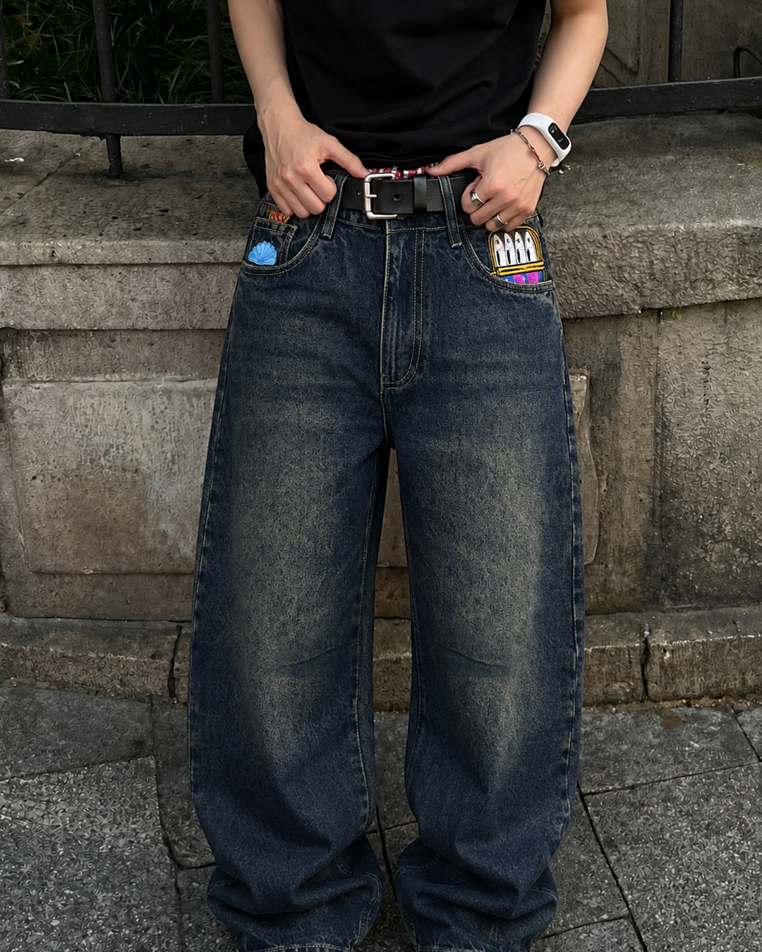 Indigo Rust Embroidered Barrel Fit-The Ocean