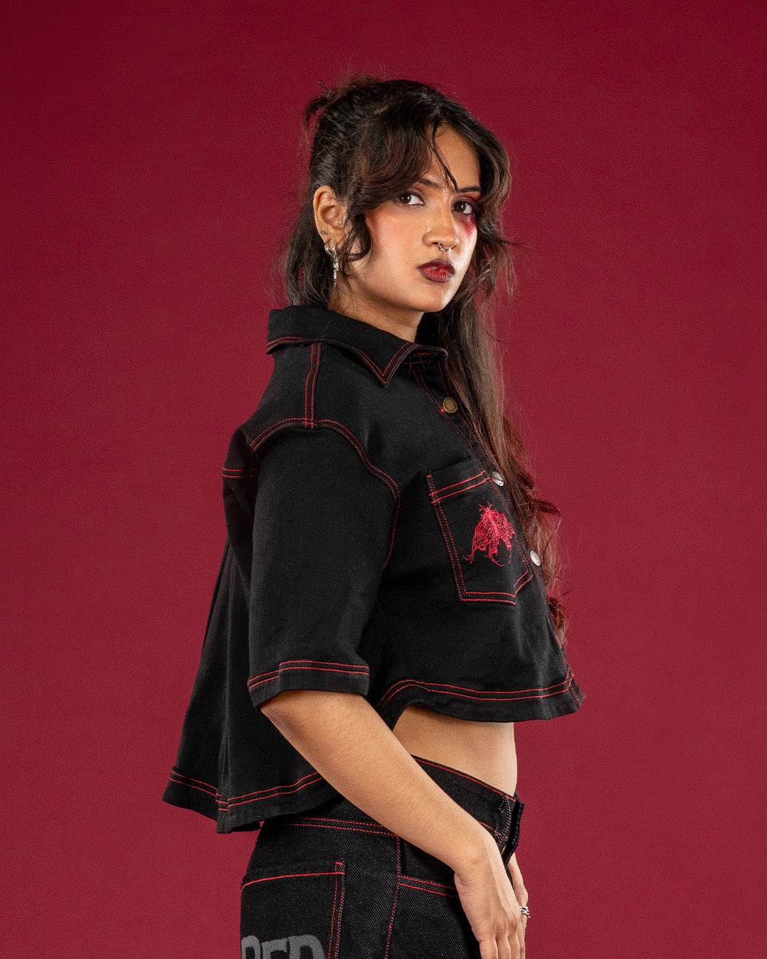 Black Butterfly Crop Shirt — Women