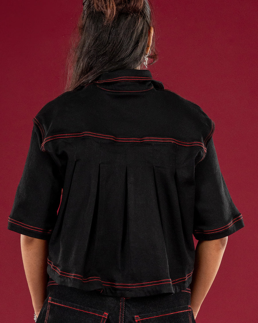 Black Butterfly Crop Shirt — Women
