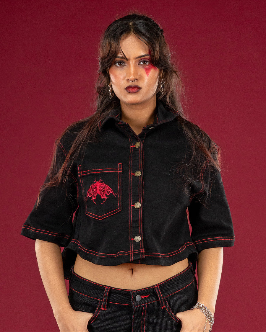 Black Butterfly Crop Shirt — Women