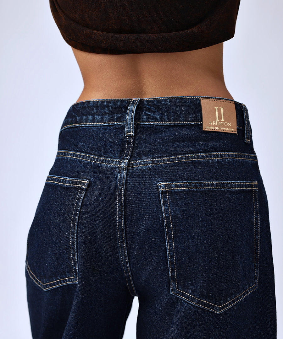 dark indigo barrel jeans