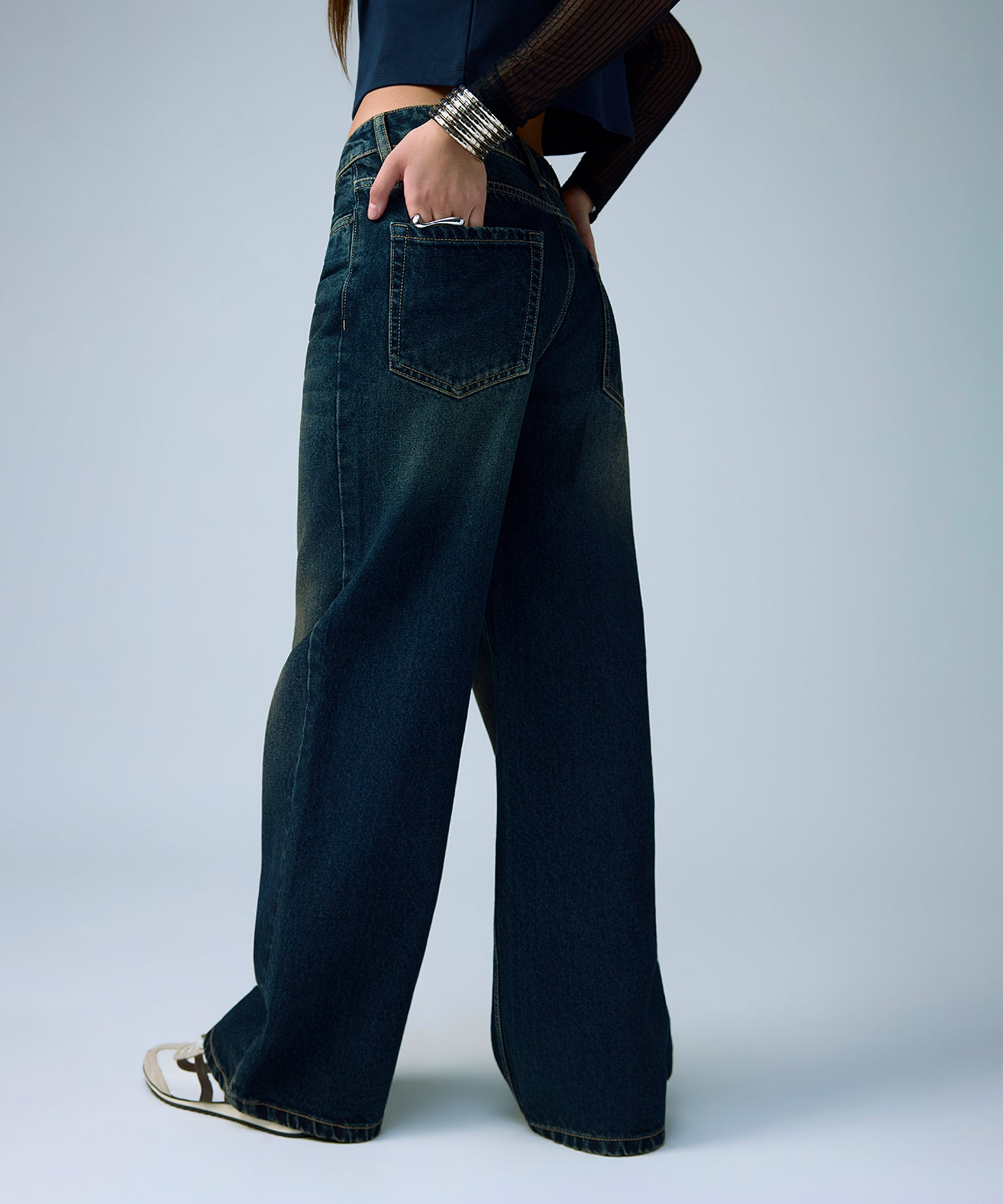 Indigo Onyx Wide Leg Jeans women denim jeans by Ariiston India - fit detail view